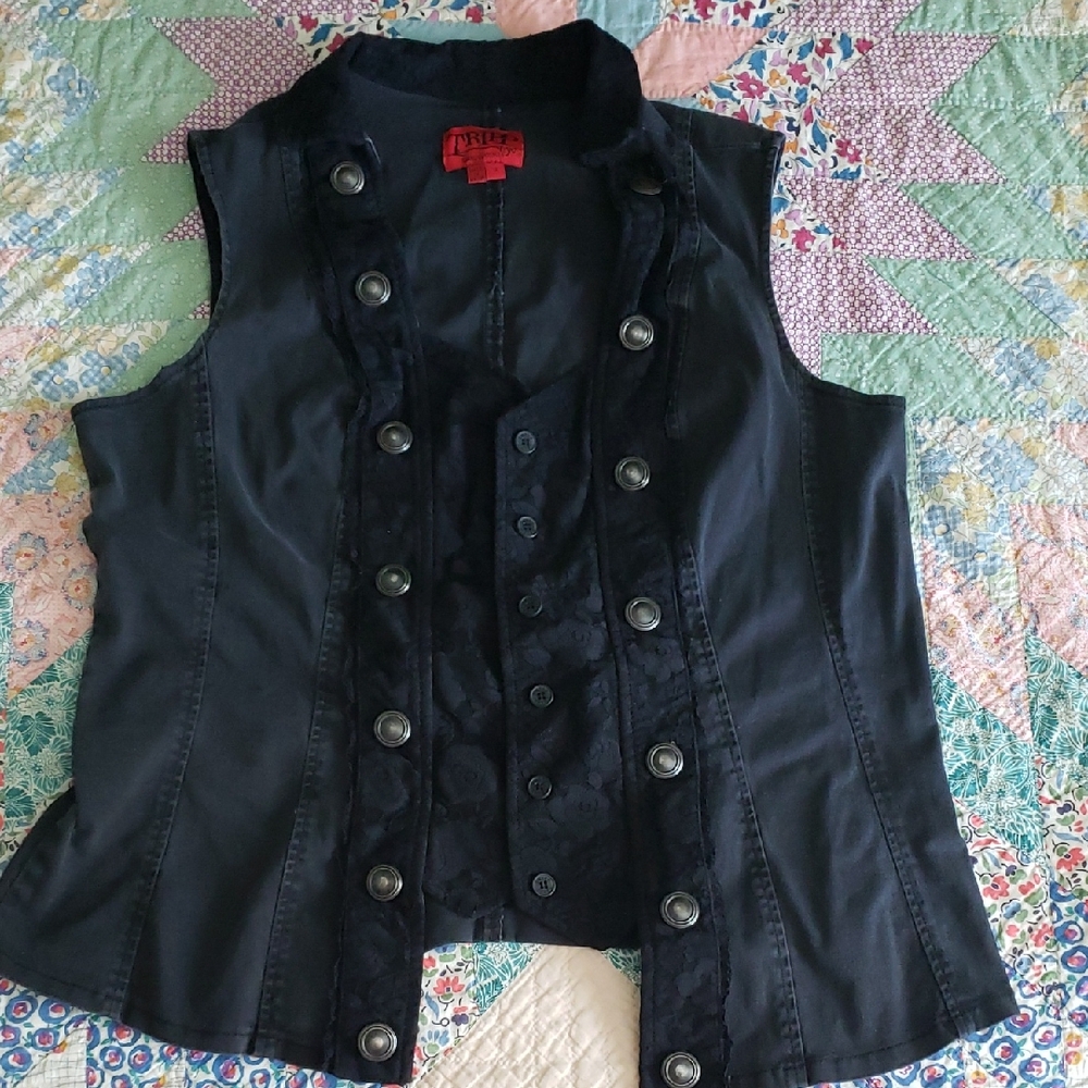 TRIPP NYC Vintage Black Buttoned Vest with Lace Detail Goth XL 16 18